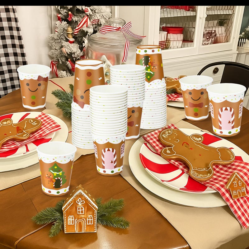 Funtery 100 Pieces Christmas Gingerbread Paper Cups Hot Chocolate Cups Xmas Disposable Coffee Cup Gingerbread Man Christmas Tree Candy Xmas 9 Ounce Drinking Tea Paper for Daily Use Holiday - Image 5